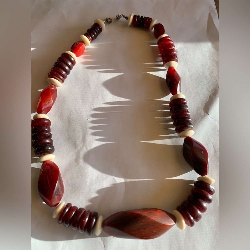 Vintage 70s Chunky Statement Necklace Red Brown Beaded Boho Retro Jewelry